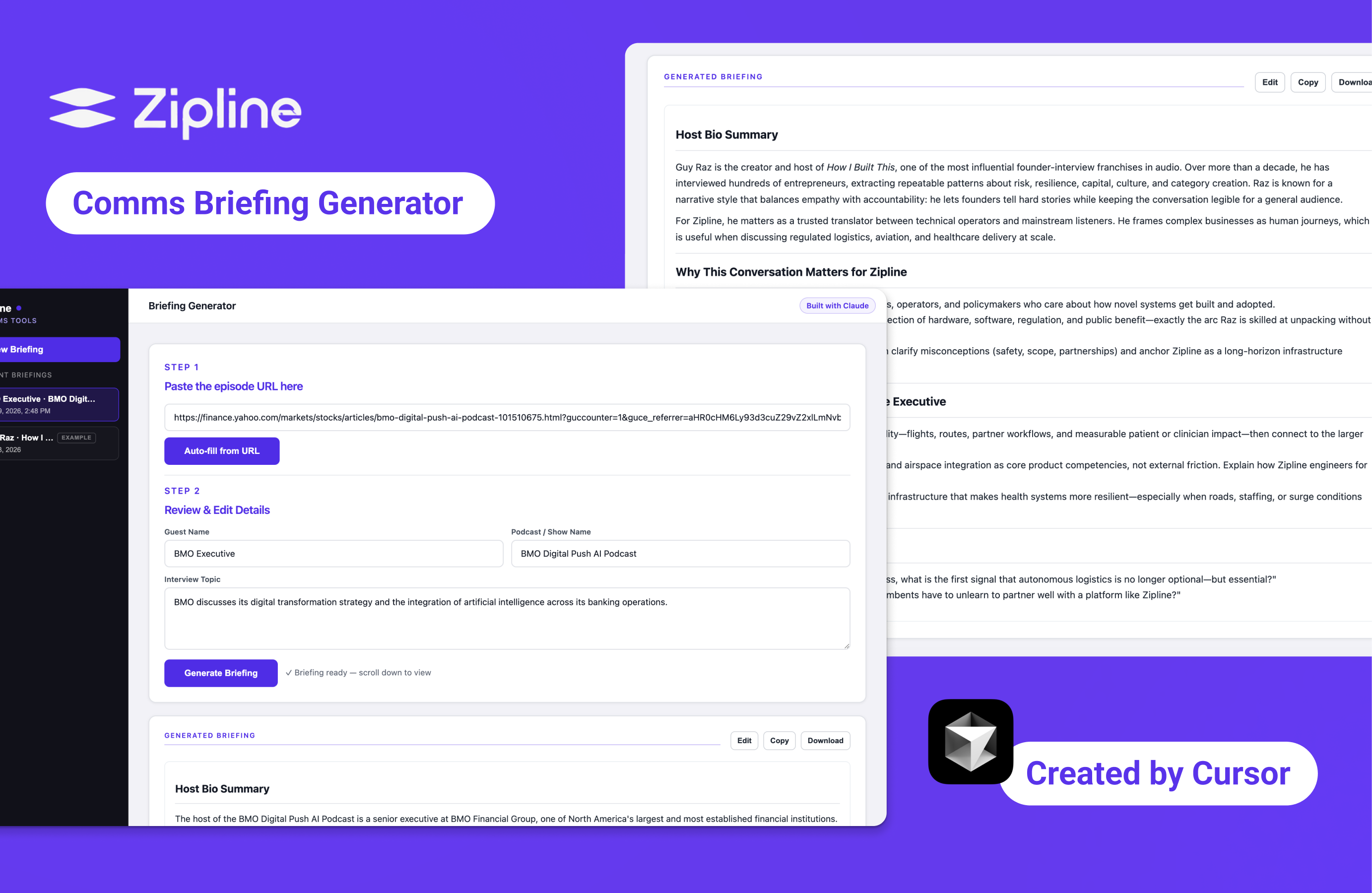 Zipline Briefing Generator interface