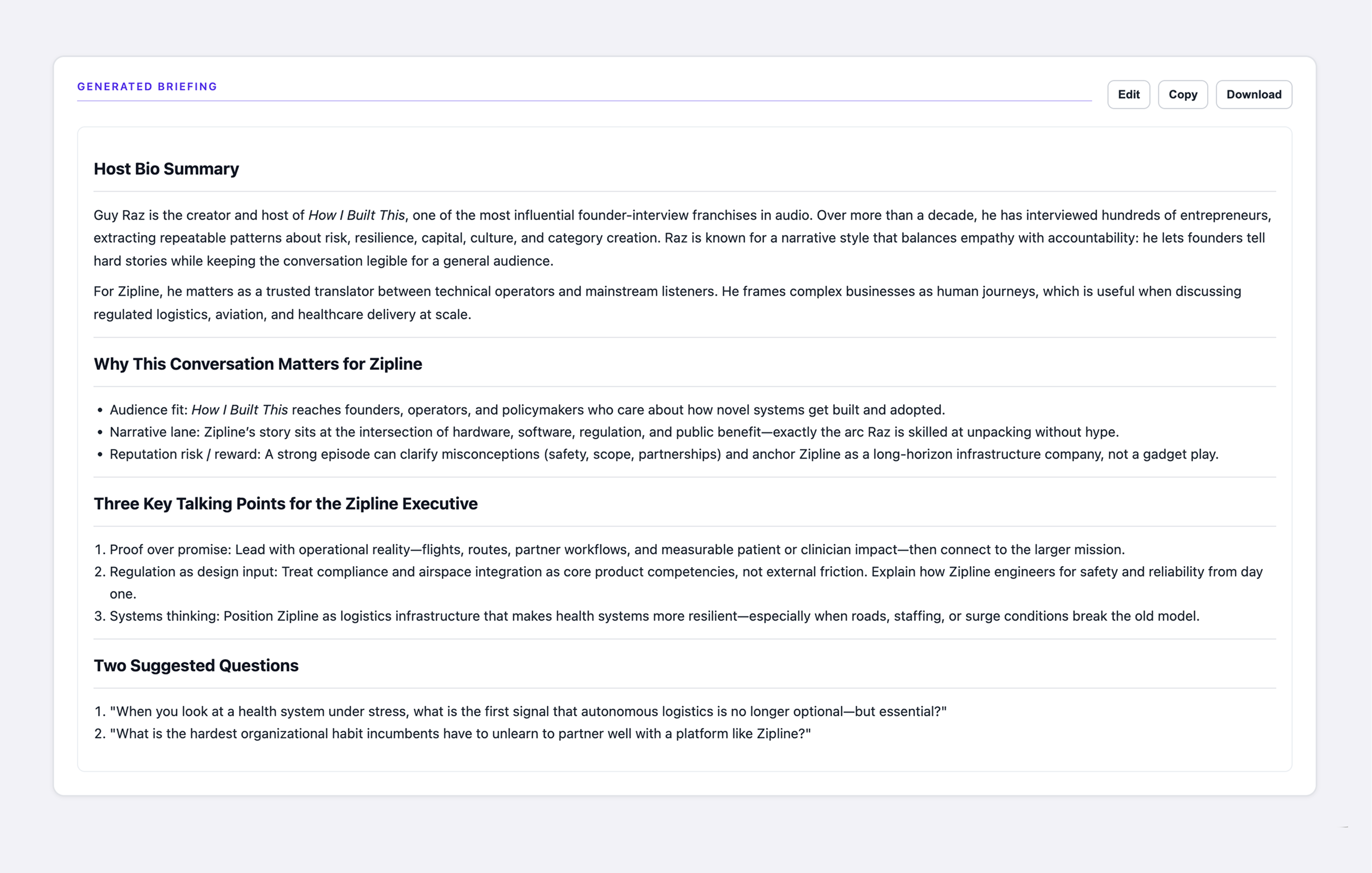 Generated brief with edit copy download